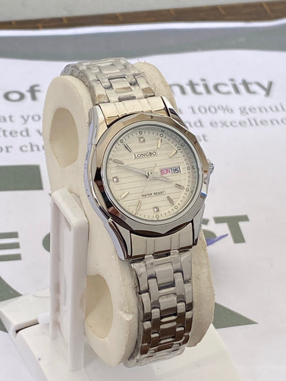 Longbo Stylish Round Dial Ladies Watch With Date & Day – Elegant Steel Chain Design