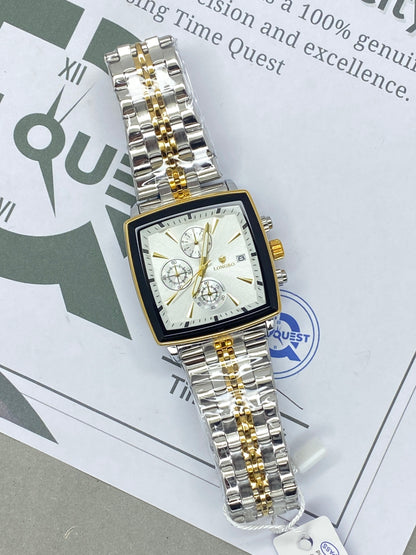 LONGBO Men’s Square Dial Chronograph Watch in Premium Stainless Steel Chain with Date Display