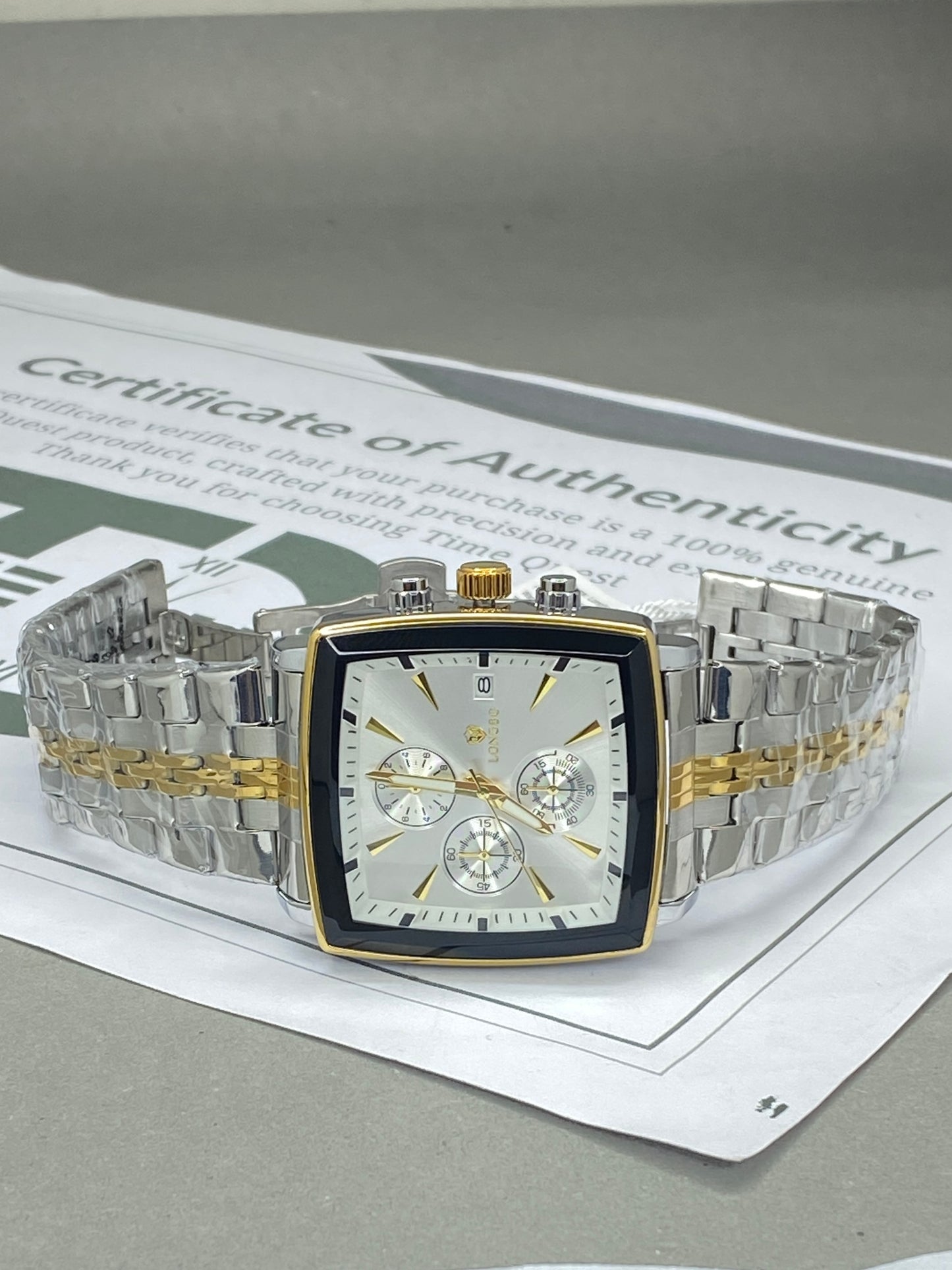 LONGBO Men’s Square Dial Chronograph Watch in Premium Stainless Steel Chain with Date Display