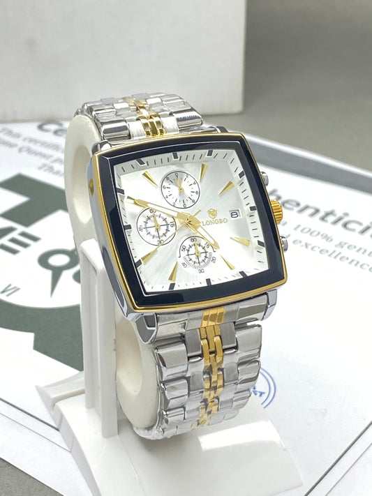 LONGBO Men’s Square Dial Chronograph Watch in Premium Stainless Steel Chain with Date Display