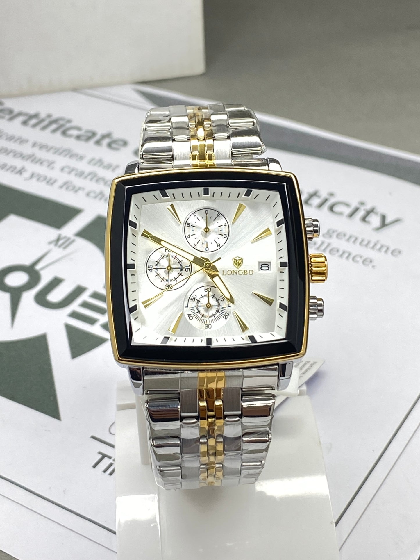 LONGBO Men’s Square Dial Chronograph Watch in Premium Stainless Steel Chain with Date Display