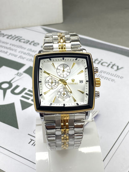LONGBO Men’s Square Dial Chronograph Watch in Premium Stainless Steel Chain with Date Display
