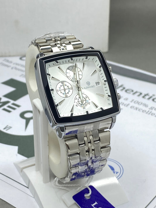 LONGBO Men’s Square Dial Chronograph Watch in Premium Stainless Steel Chain with Date Display