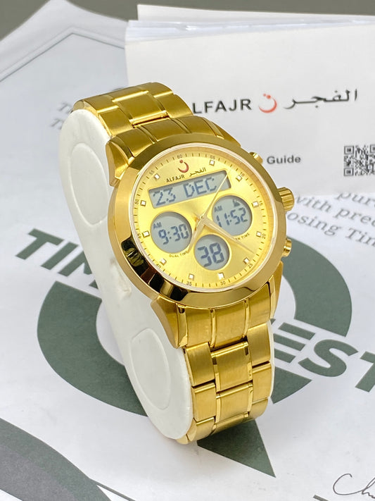 Al Fajar Original Stainless Steel Dual Time Watch For Men with Azan Prayer Alarm Qibla Direction and Hijri Calendar