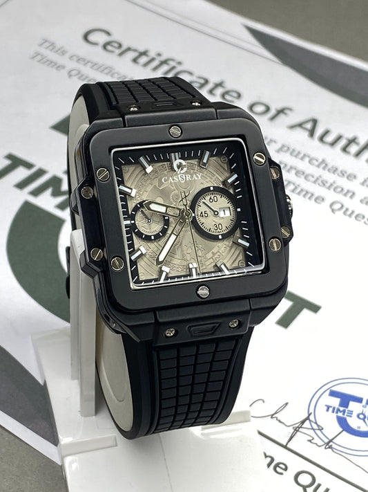 CASSRAY Men's Square Shape Metallic Dial Durable Rubber Straps Analog Quartz Watch With Date Display