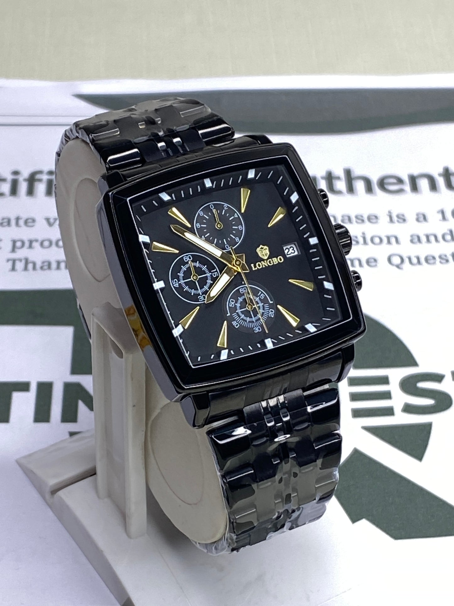LONGBO Men’s Square Dial Chronograph Watch in Premium Stainless Steel Chain with Date Display