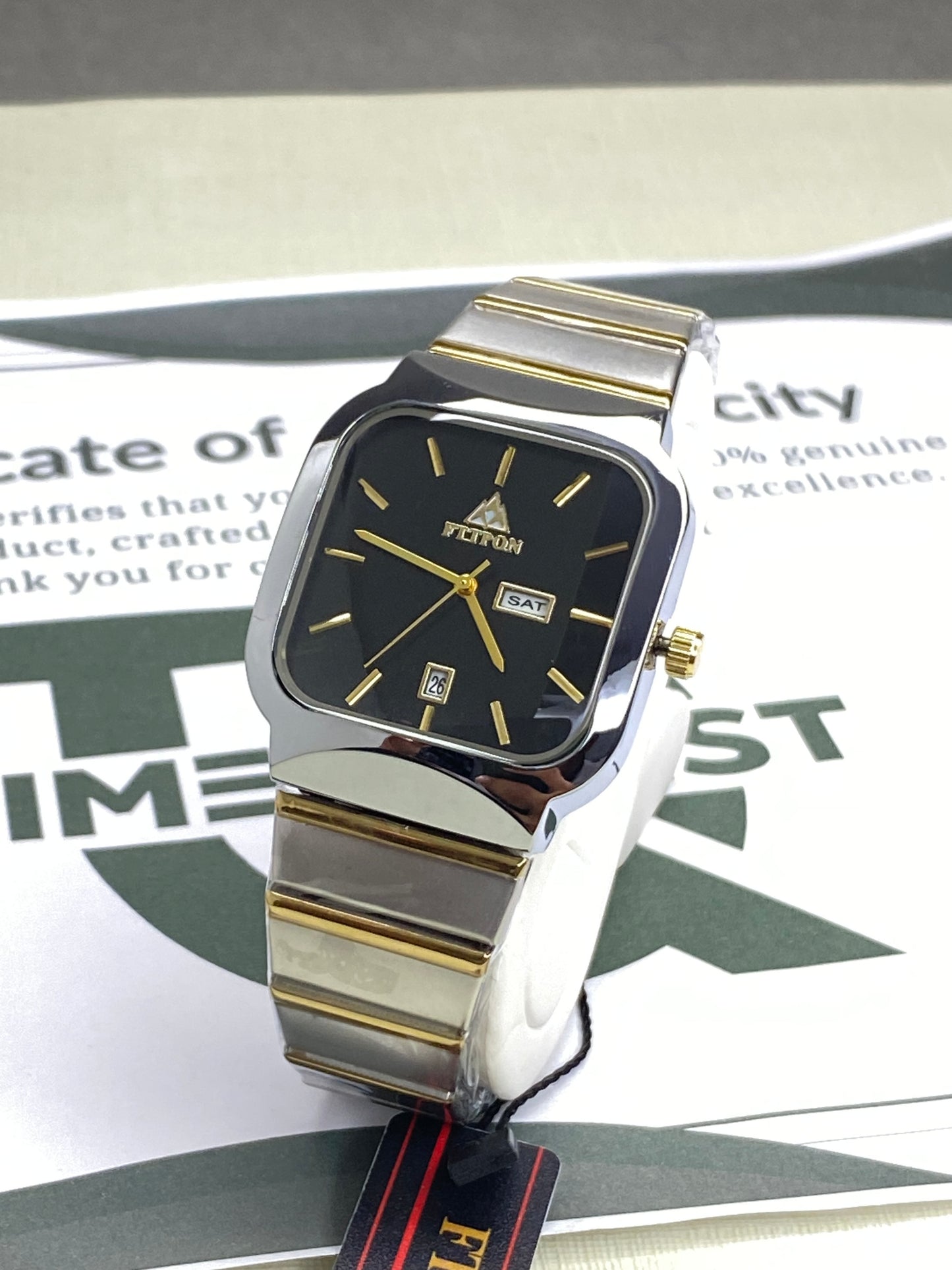 FTTPON Square Dial Analog Quartz Movement Durable Stainless Steel Chain Watch With Date & Day Display