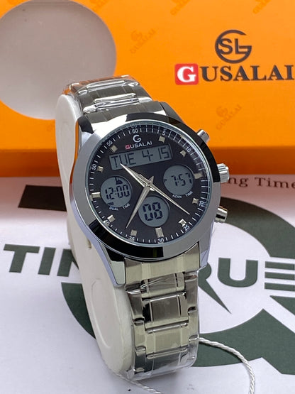 Gusalai Men's Stainless Steel Multifunctional Digital Chain Watch Azan Timing Alarm Stopwatch & Date/Day Display