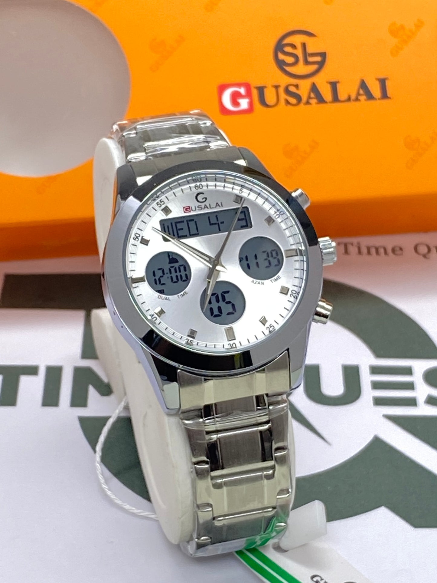 Gusalai Men's Stainless Steel Multifunctional Digital Chain Watch Azan Timing Alarm Stopwatch & Date/Day Display