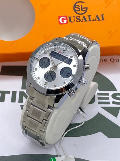 Gusalai Men's Stainless Steel Multifunctional Digital Chain Watch Azan Timing Alarm Stopwatch & Date/Day Display