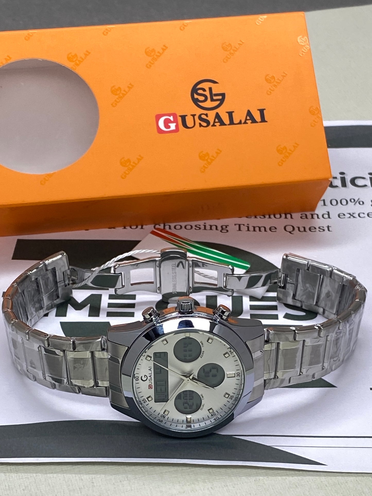 Gusalai Men's Stainless Steel Multifunctional Digital Chain Watch Azan Timing Alarm Stopwatch & Date/Day Display