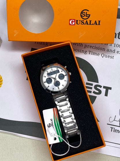 Gusalai Men's Stainless Steel Multifunctional Digital Chain Watch Azan Timing Alarm Stopwatch & Date/Day Display