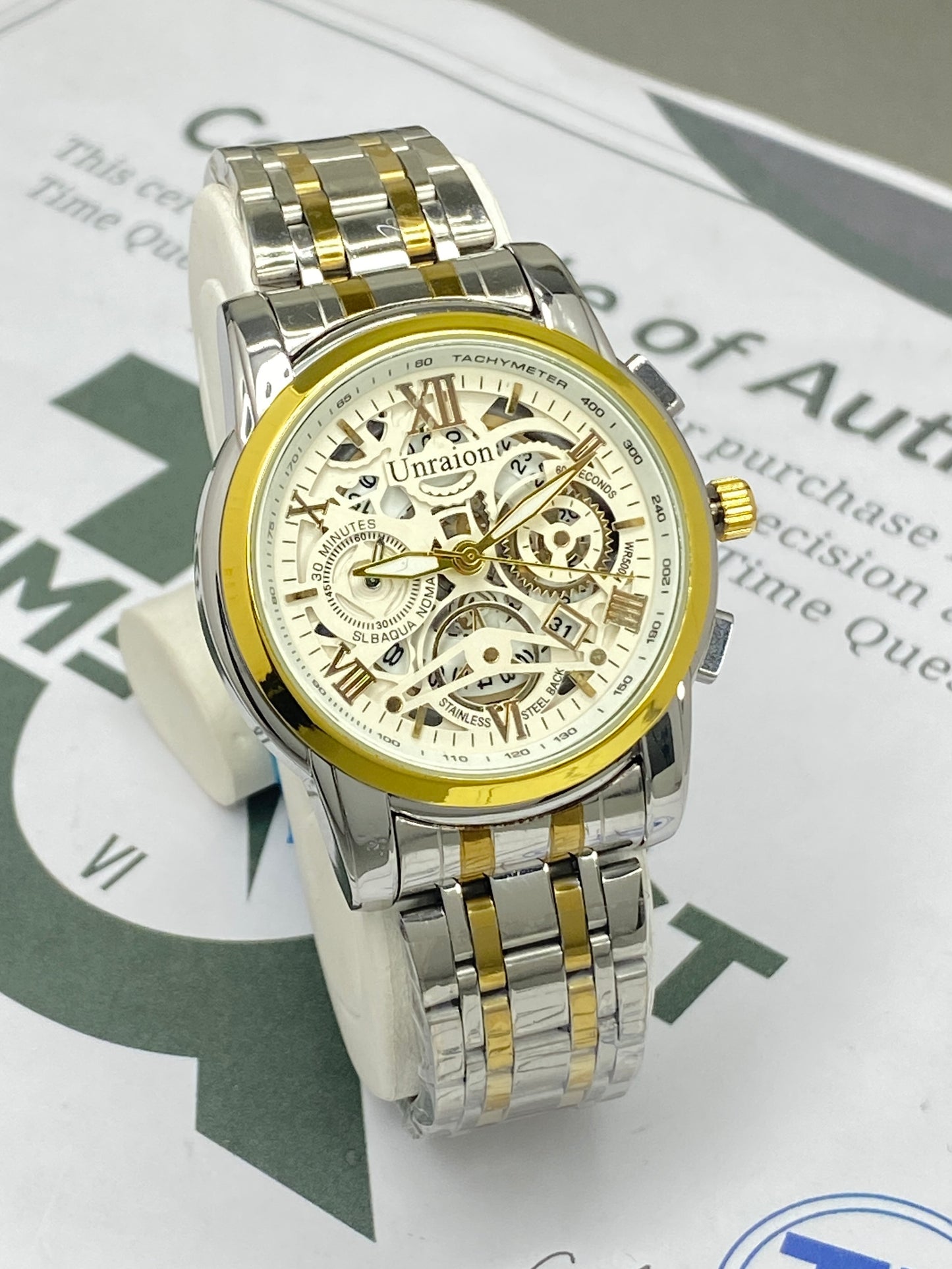 UNRAION Premium Design Skeleton Dial Stainless Steel Chain Analog Watch with Date Display For Men