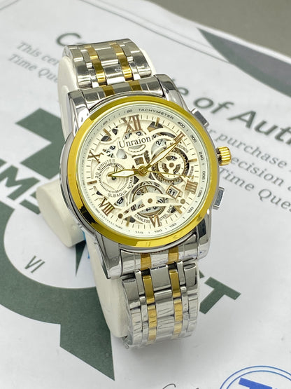 UNRAION Premium Design Skeleton Dial Stainless Steel Chain Analog Watch with Date Display For Men
