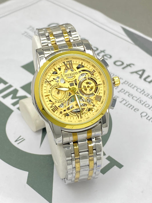 UNRAION Premium Design Skeleton Dial Stainless Steel Chain Analog Watch with Date Display For Men