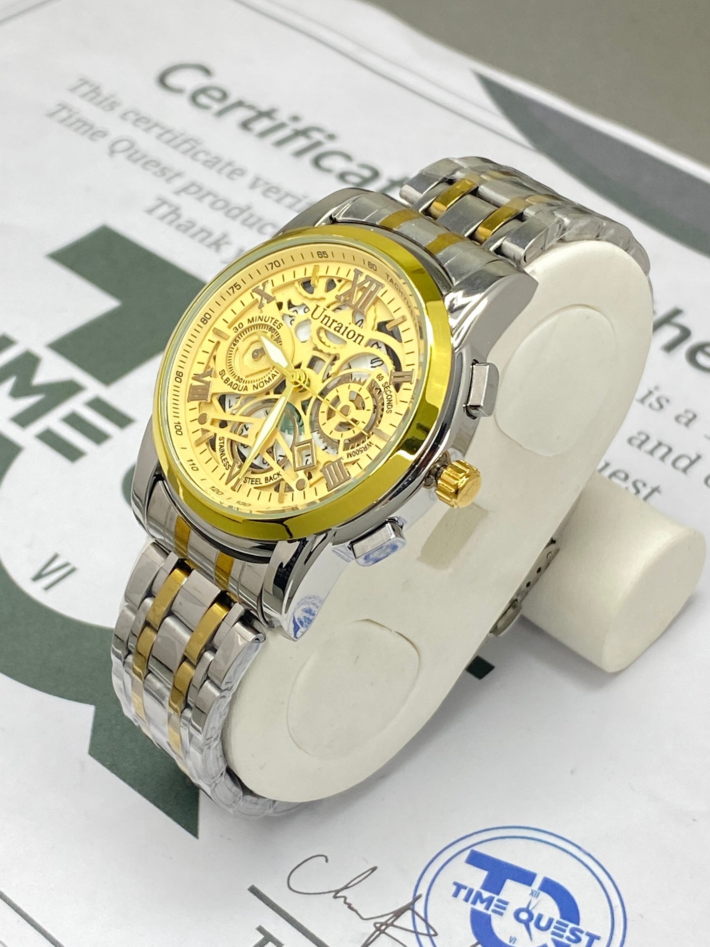 UNRAION Premium Design Skeleton Dial Stainless Steel Chain Analog Watch with Date Display For Men