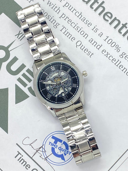 UNRAION Analog Skeleton Dial Stainless Steel Chain Watch for Men with Quartz Movement Date Display