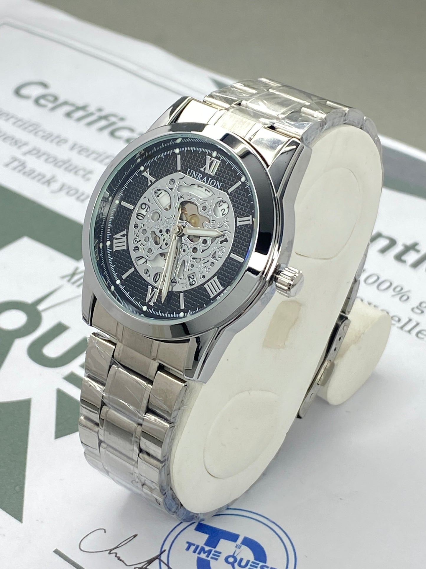 UNRAION Analog Skeleton Dial Stainless Steel Chain Watch for Men with Quartz Movement Date Display