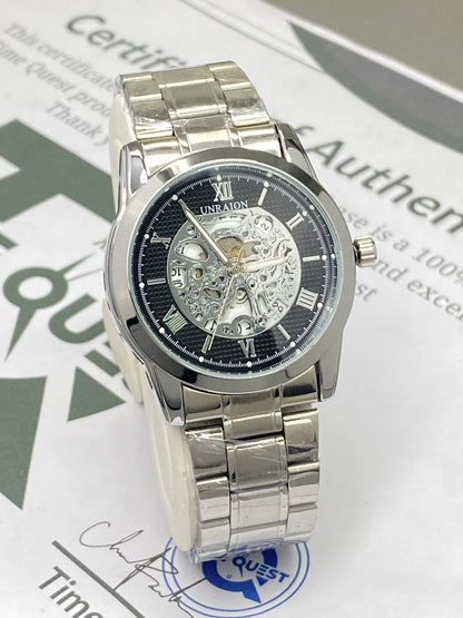 UNRAION Analog Skeleton Dial Stainless Steel Chain Watch for Men with Quartz Movement Date Display