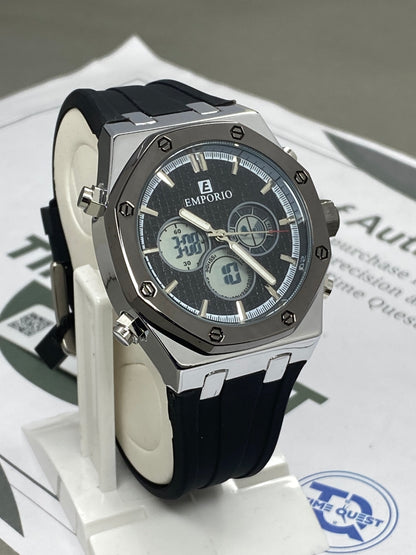 Luxury Octagonal Dial Dual Time Multifunction Silicone Strap Watch for Men