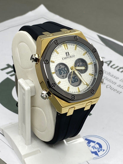 Luxury Octagonal Dial Dual Time Multifunction Silicone Strap Watch for Men