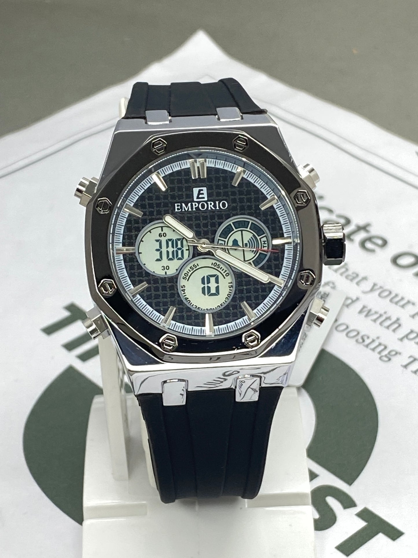 Luxury Octagonal Dial Dual Time Multifunction Silicone Strap Watch for Men