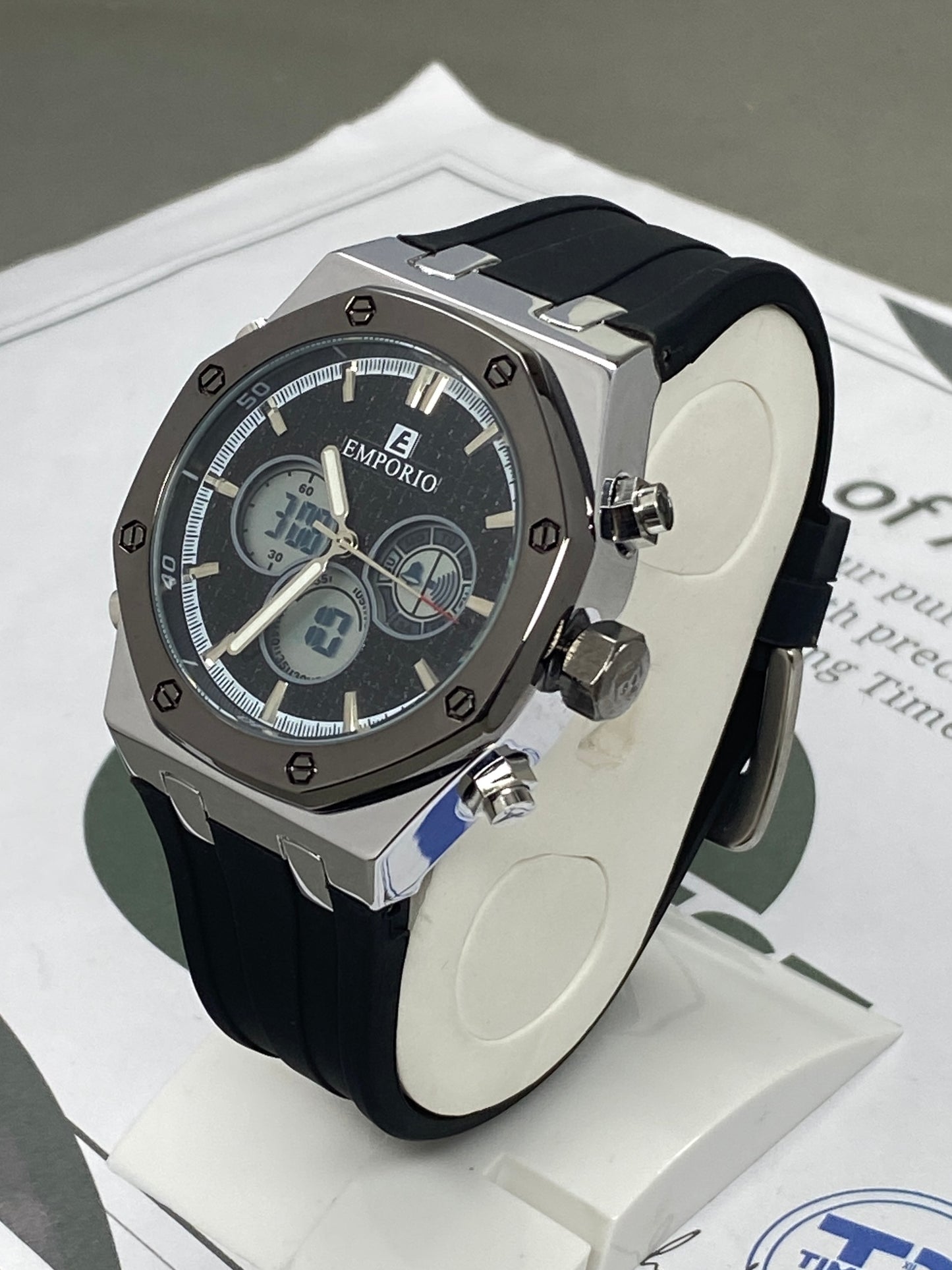 Luxury Octagonal Dial Dual Time Multifunction Silicone Strap Watch for Men