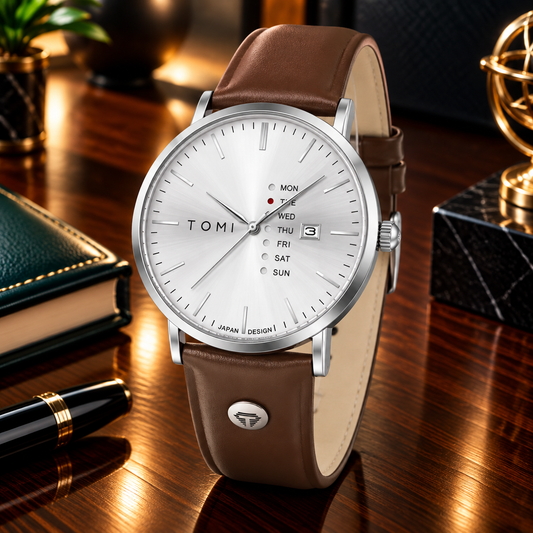 TOMI T-019 Classic Design Round Dial Straps Watch With Date & Day Display For Men