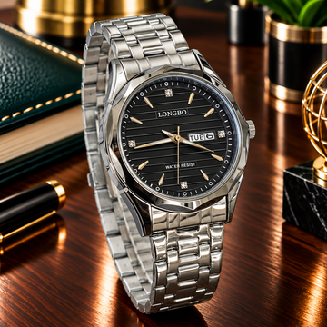 Longbo Round Dial Analog Quartz Movement Men’s Watch with Stainless Steel Chain Date and Day